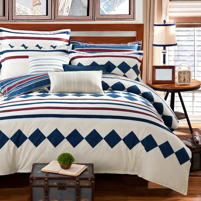 pure Cotton Fabric bedding set red blue stripes squares print beige