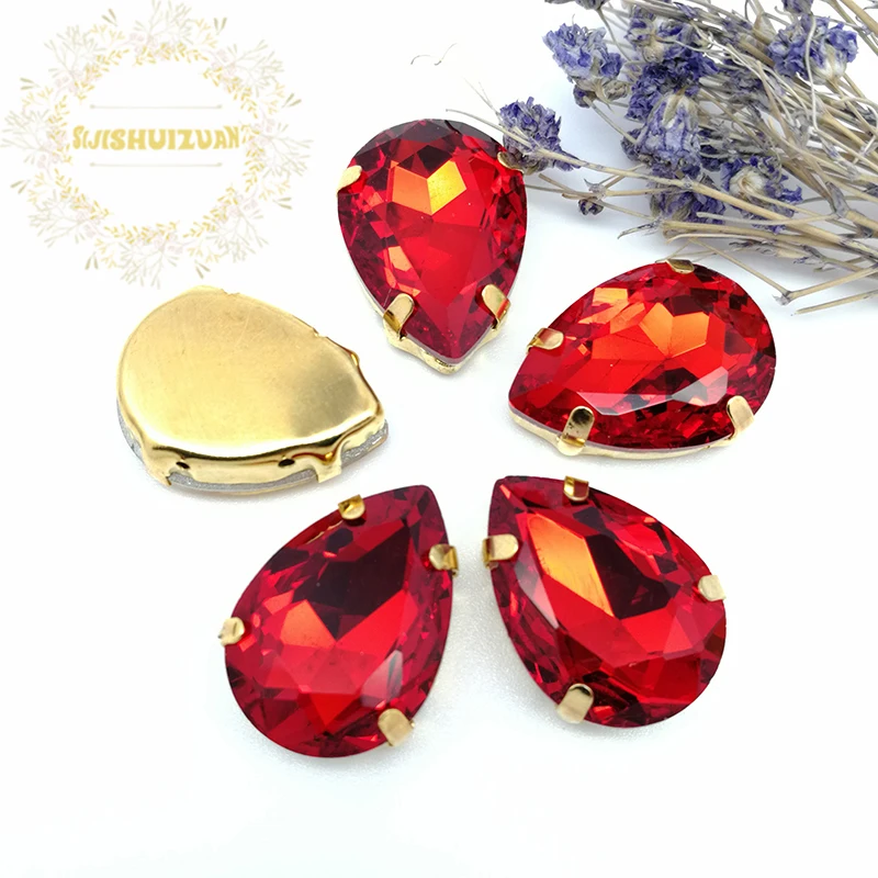 Best-selling Red Water drop shape Crystal Glass Sew-on Rhinestones with gold Claw DIY wedding Dresses and Clothes | Дом и сад