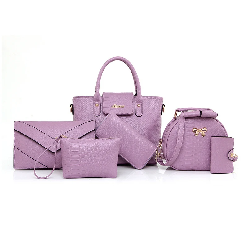 LUCDO 6 шт., женские сумки, набор кожаных сумок, большая сумка-тоут, сумка-мессенджер на плечо, дизайнерские женские сумки, клатч, Аллигатор, кошелек, сумка - Цвет: Purple