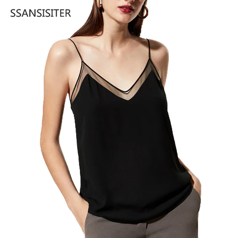 

Top Women Summer V Neck Chiffon Vest Sleeveless Casual Tank Blusas Tops Sheer Mesh Patchwork T Shirt Bottom Camisole 2019 New