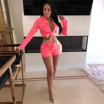 

2019 Women Long Sleeve Crop Top And Shorts Solid Outfits 2019 Summer Turn-Down Collar Pockets Two Piece Set Lace Up Suit
