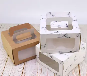 

150pcs/lot 4 inch cake box with window handle Kraft paper cheese cake box kids Birthday wedding home Party supply
