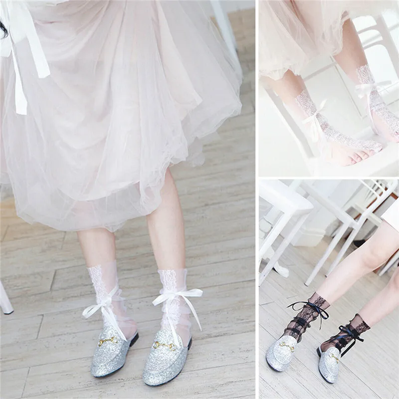 

2019 New Fashion Sexy Women's Lace Bow Socks High Ankle Tulle Socks Party Socks White and Black