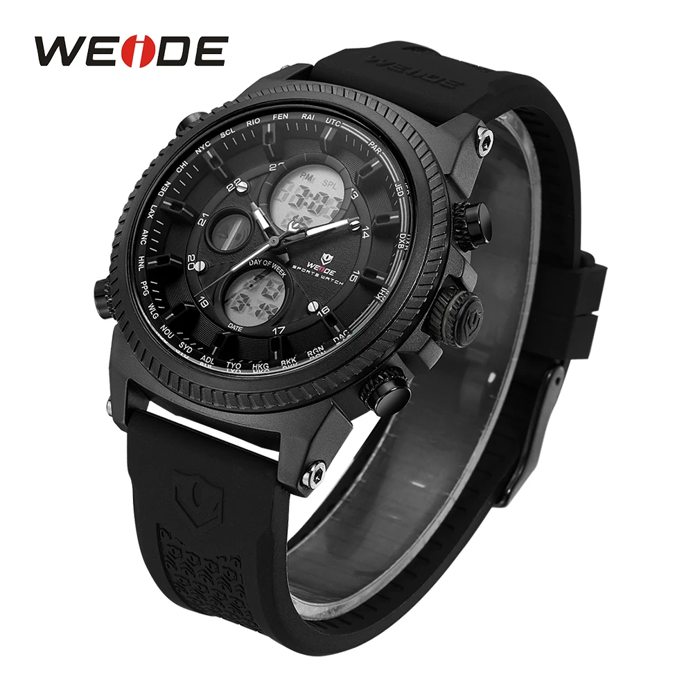 WEIDE Mens Black Sports Stopwatch Quartz Digital Watch Date Day Alarm Silicone Band Buckle Man Wristwatches Relojes Para Hombres