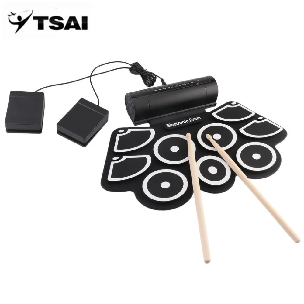 TSAI портативная электроника складной барабан Pad Set 9 силиконовые накладки Встроенные колонки с барабанными палочками ножные педали USB 3,5 мм