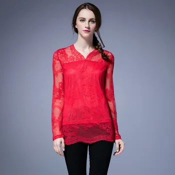 

Fashion Red L-5XL Women Lace T-shirts Plus Size V-neck Hollow Patchwork Long Sleeve Bottom Tops 2017 Spring New