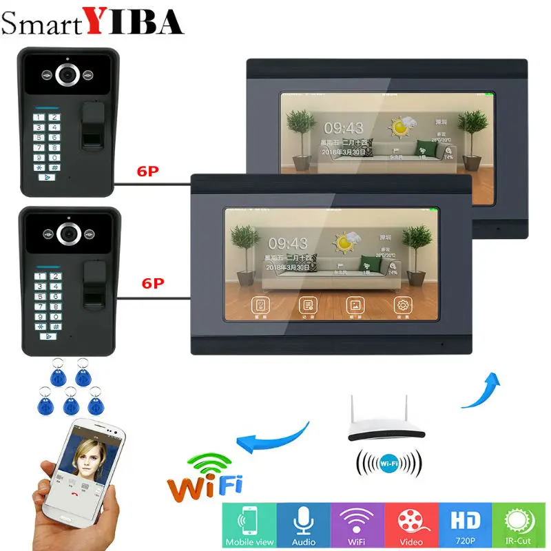 SmartYIBA 2*7inch Wired/Wifi Fingerprint RFID Password Video Door Phone Doorbell Intercom Entry System Support Remote APP 2 Cam