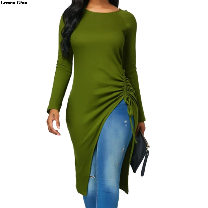 Lemon Gina 2019 new long sleeve o-neck tie up side split slim tee knee length dress casual t-shrits vestidos S-2XL P8220 | Женская