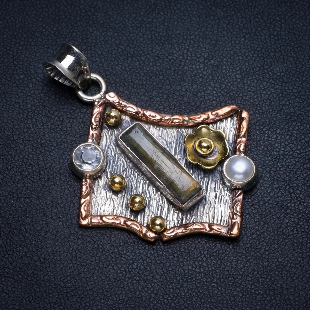 

Natural Two Tones Labradorite,River Pearl and White Topaz Mexican 925 Sterling Silver Pendant 2" T1276