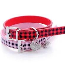Beautiful Plaid Pet Dog Collar PU Leather With A Crystal Heart Adjustable Dog Collar Pet Supplies