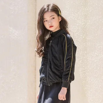 

kids & teenager girls long sleeve black velvet casual fall winter bomber jacket coat children fashion velour outerwear clothing