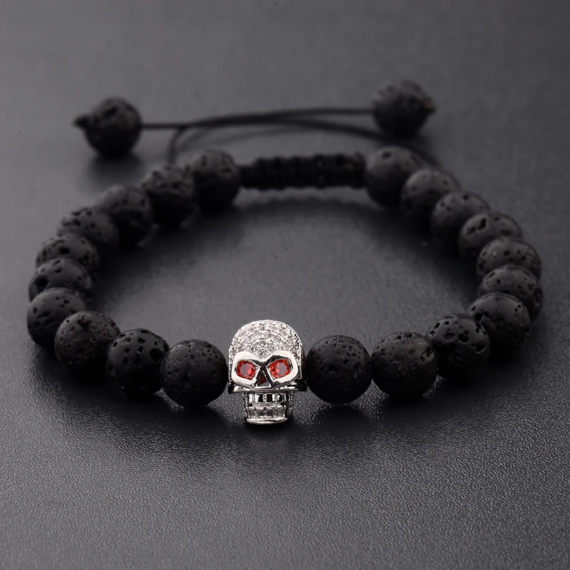 DOUVEI New White CZ Skeleton Black Natural Lava Stone Beads Bracelet 3 Colors Men Rope Chain Bracelet Homme For Women ABL001
