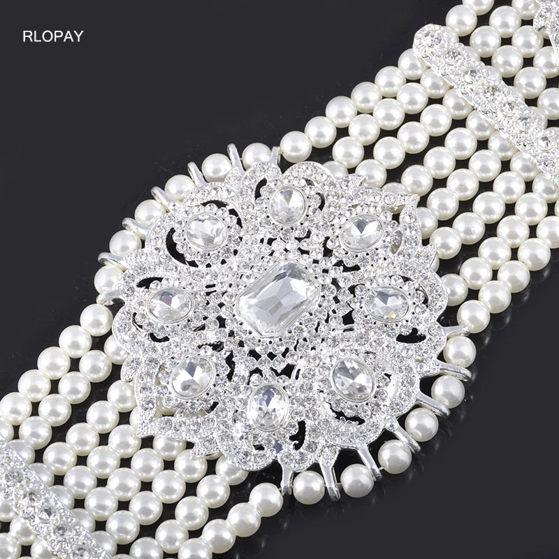 

Handmade Pearls Bridal Belt Sash Silver Metal Flower Belt Buckle Rhinestone Sash Arab Luxury Long Wedding Belts