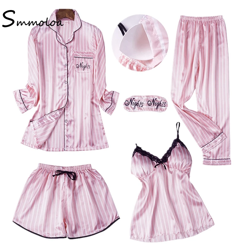 

Smmoloa New Sexy Silk Satin Pajamas Set 5 Piece Women Striped Sleepwear Pyjamas
