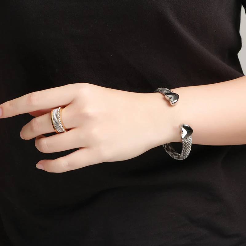 Модные браслеты в форме сердца серые сетчатые серебряные золотые браслеты из нержавеющей стали для влюбленных женские браслеты-каффы ювелирные изделия