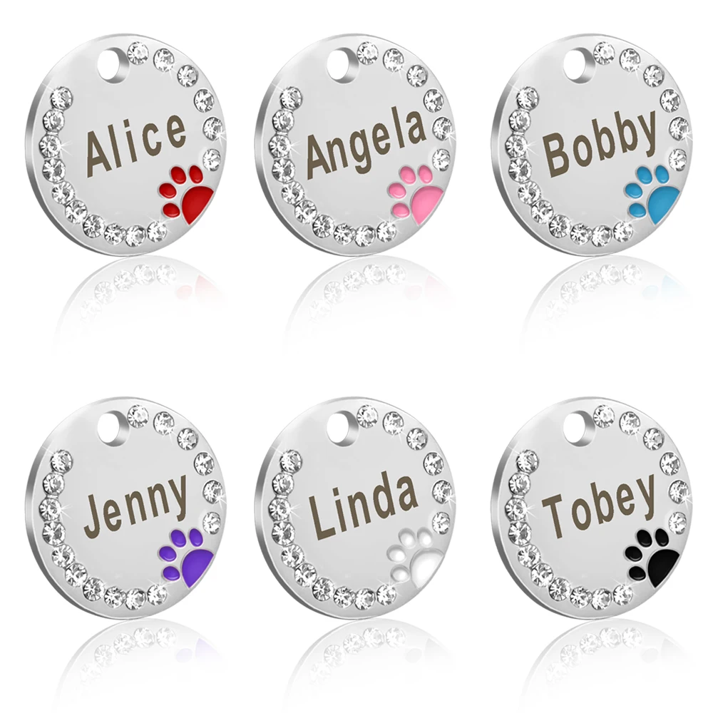 Dog Tag Personalized Pet Puppy Cat ID Tag Engraved Custom Dog Collar Accessories Stainless Steel Name Tag Paw For Dogs Cats Pink