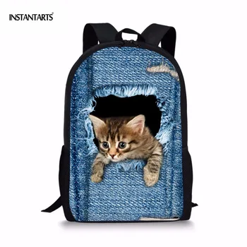 

INSTANTARTS Fashion Children School Bags for Primary Student Cute Cat Bookbags Teen Girls Schoolbag 3D Blue Denim Print Backpack