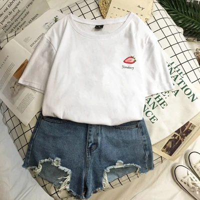 white Summer Fruit College Wind Pure Cotton Korean Clothes Women T-shirts Men Couples Avocado Strawberry Cherry Harajuku Plus Size - Цвет: white