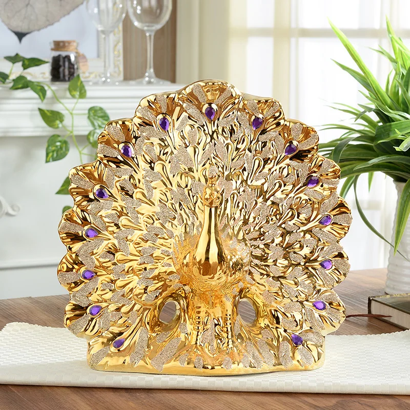 

gold plated ceramic peacock flower vase manual purple diamond creative ceramic peacock figurine modern fashion home decoration
