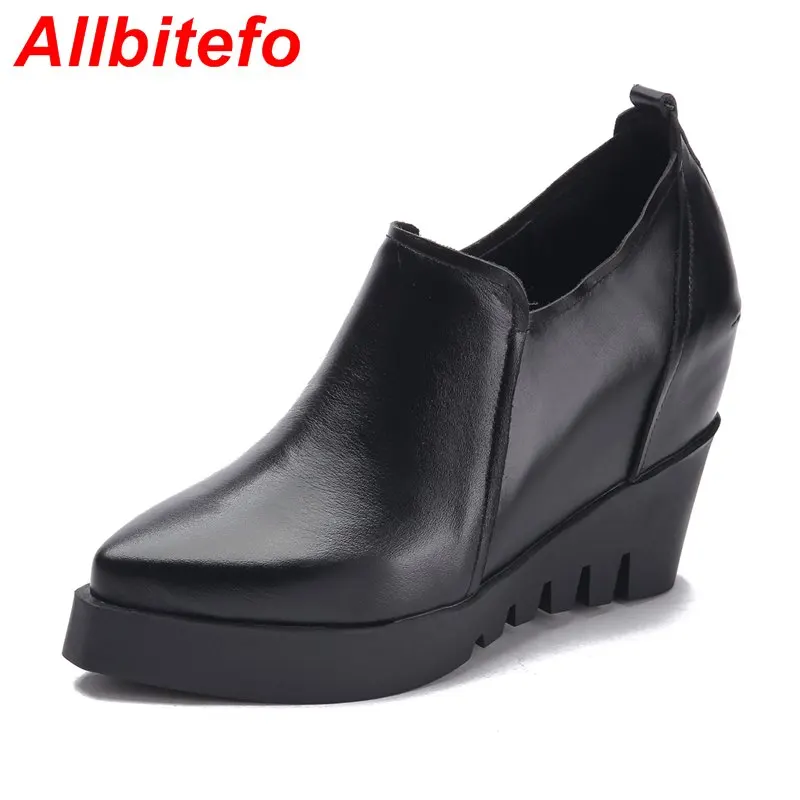 

ALLBITEFO spring fashion wedges platform pumps genuine leather women pumps sexy black ladies casual high heels shoes for woman