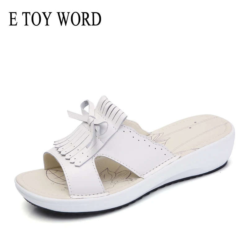 

E TOY WORD 2019 summer women slippers slides casual Genuine Leather ladies shoes non-slip thick bottom wedge Beach shoes