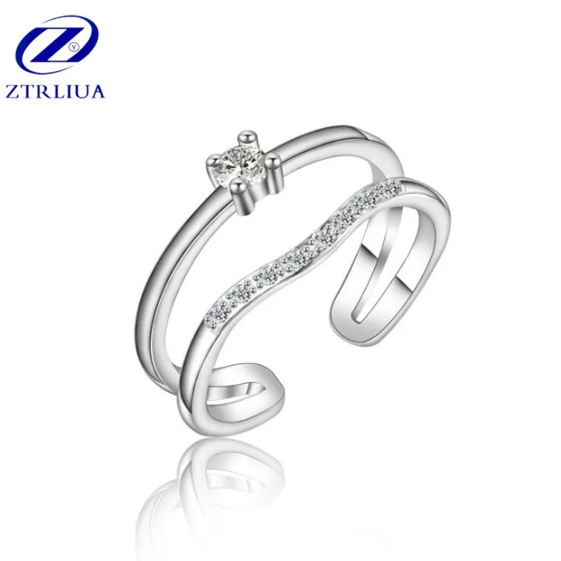

Fashion High-quality 925 Sterling Silver Jewelry Double Layer Female Popular Simple Crystal Temperament Opening Rings SR313