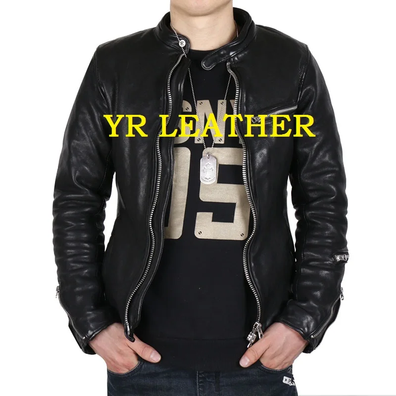 YR!Free shipping.Pakistan tanning sheepskin.quality Luxury motor biker leather jacket,mens fashion genuine leather coat,classic