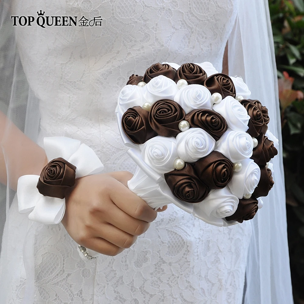 TOPQUEEN F4-BR Красивые Искусственные цветы свадебный цветок букет невесты из роз жемчуг коричневый и белый цветок брошь