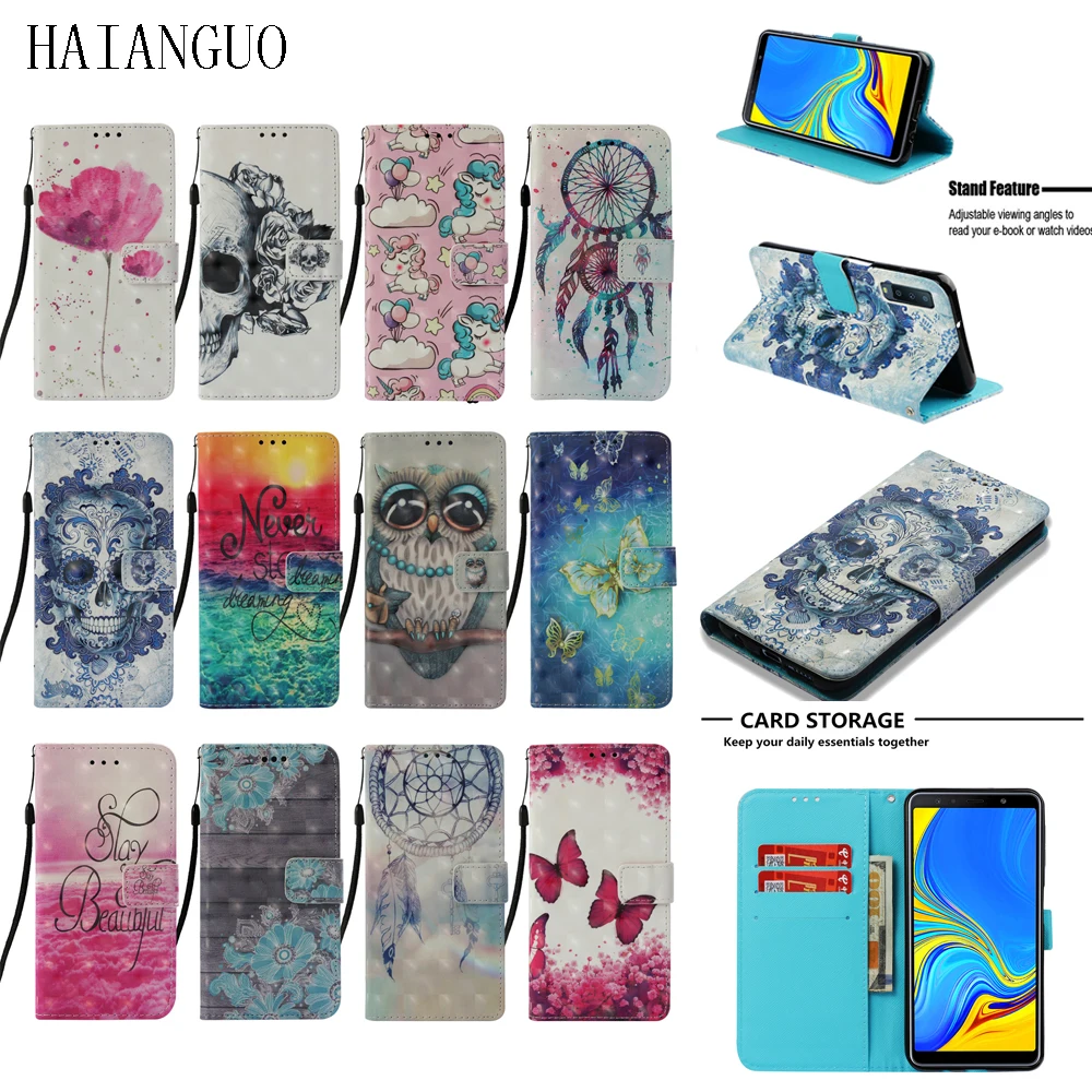 

3D Painted Leather Cases For Samsung Galaxy A7 2018 A750 Case Flip Cover Pattern Skin Wallet Case For Samsung J4 J6 PLUS 2018