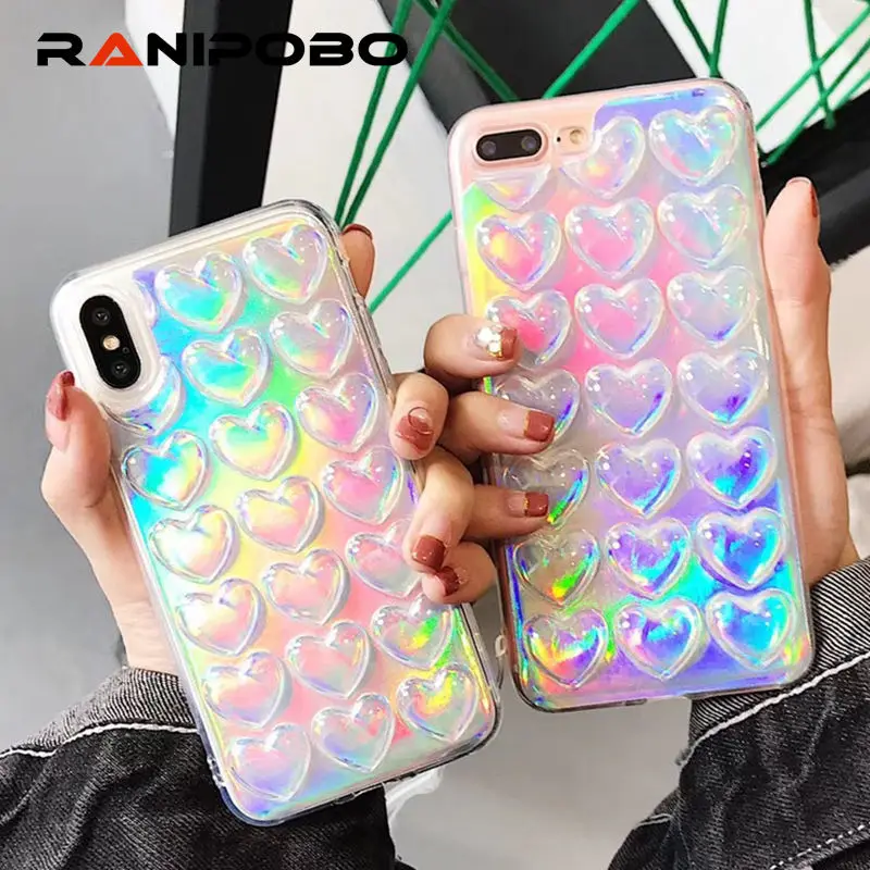 

laser 3D love hearts glitter Phone Case for iphone X 7 8 Plus 6 6S Plus Soft transparent Clear back cover with Lanyard