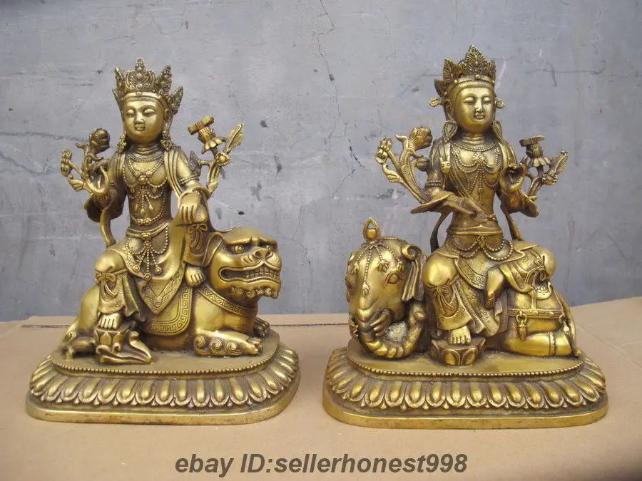 

Tibet Bronze Gilt Wenshu Manjushri Puxian Samantabhadra Guanyin Statue Pair 5.19