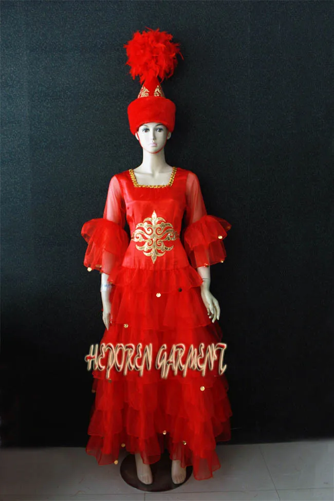 Высокое Качество Индивидуальный заказ Kazak Национальный танцевальный костюм платье с головной убор для взрослых или детей, Kazak красные танцевальные платья HD016