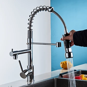 

OKAROS Swivel Kitchen Faucet Brass Chrome Finished Two Hole Spring Pull Down Dual Spray Kitchen Mixer Tap
