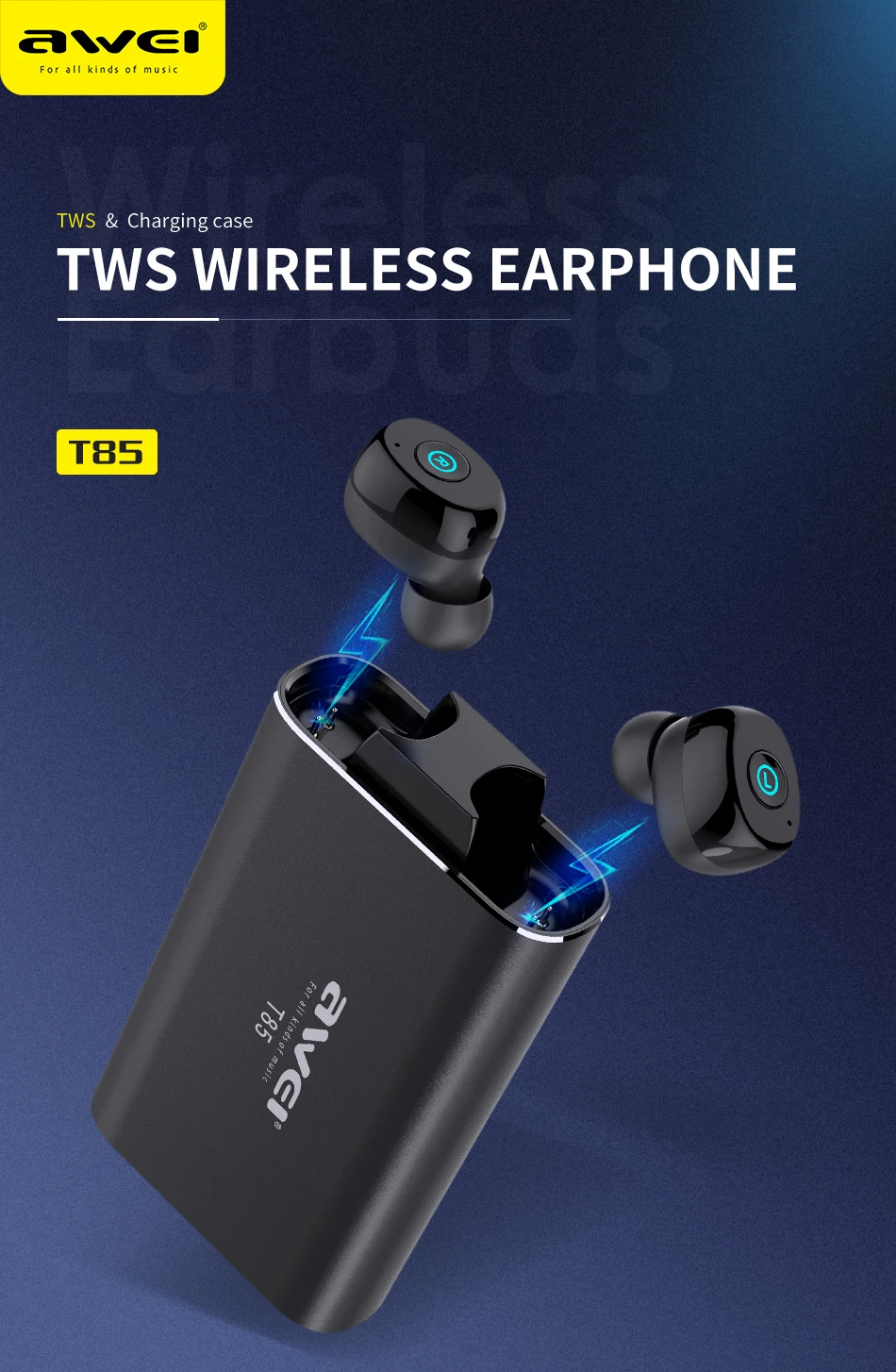 

AWEI T85 TWS Wireless Earbuds Bluetooth 5.0 1800mAh Power bank Mini Bluetooth Earphone Headphones With Dual Microphone For Phone