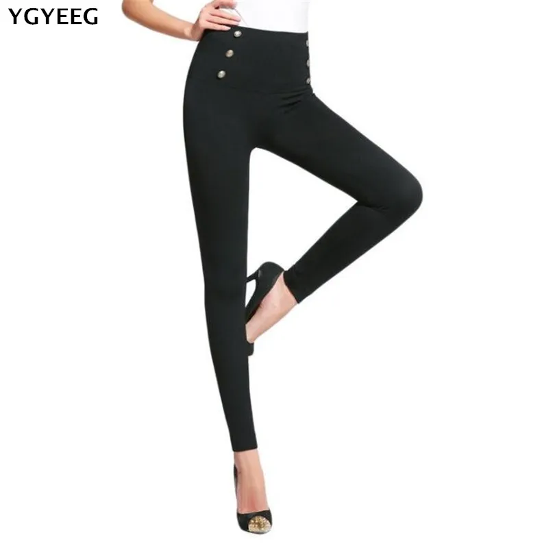 

YGYEEG New Fashion Women Fitness Leggings Patchwork Slim Leggings High Elastic Button High Waist Elastic Pants Womens Leggins