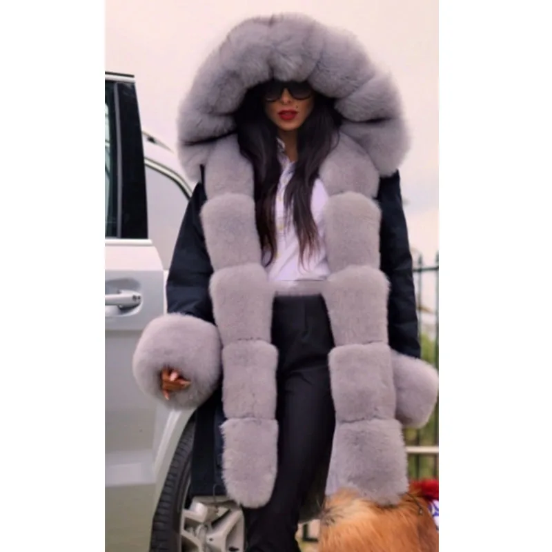 TOPFUR Winter Warm Fur Jacket Long Parkas Luxury Women Real Fur Parka Natural Fox Fur Collar And Cuff With Rabbit Fur Lining