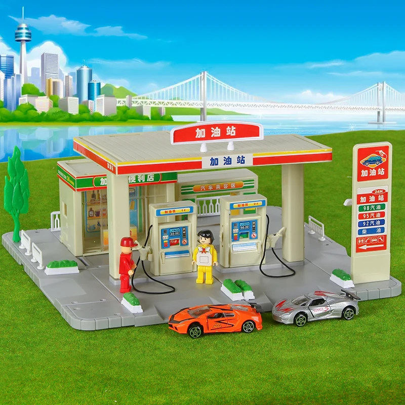 

1:34 DIY Assemble Petrol Station Scenario Blocks Educational Toys for Children Pretend Play Metal Car Model Toy for Boys Kid Toy