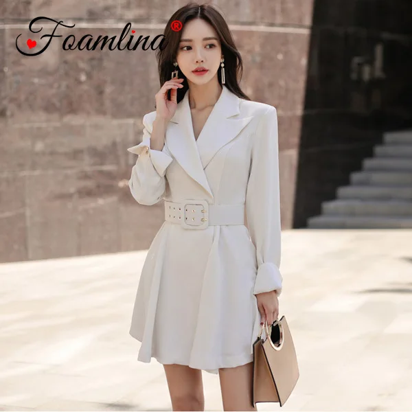 

Foamlina Korean OL Fashion Women Dress White Notched Collar Long Sleeve Belted Casual Office Ladies Work A-line Short Dress