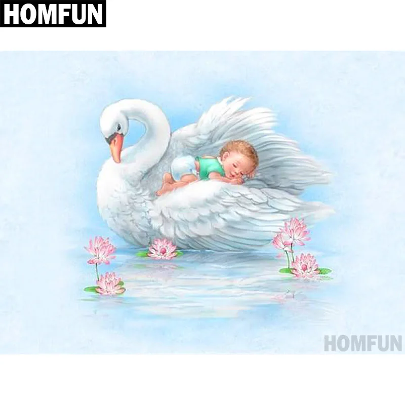 

HOMFUN Full Square/Round Drill 5D DIY Diamond Painting "Swan & baby" 3D Embroidery Cross Stitch 5D Home Decor Gift A00587