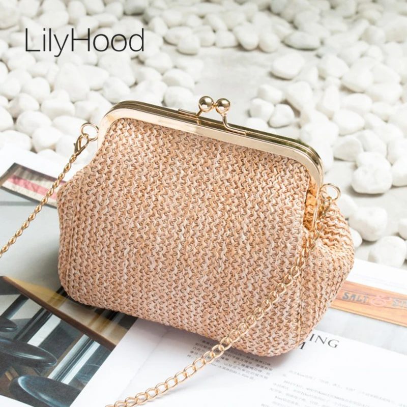 Соломенная Сумка LilyHood на плечо с поцелуйным замком Женская винтажная Вязаная