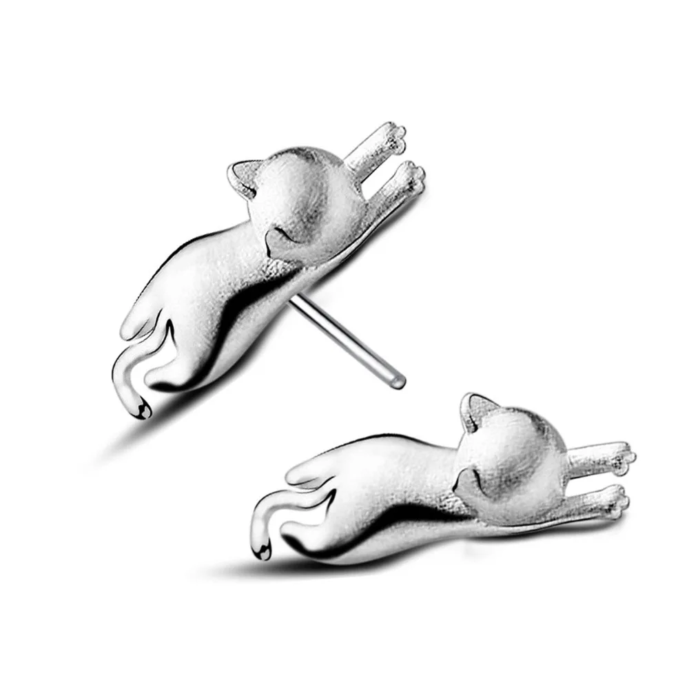 

8SEASONS Copper Ear Post Stud Earrings Dull Silver Color Cat Animal Drawbench Trendy Cute Style 12mm( 4/8") x 4mm( 1/8"), 1 Pair