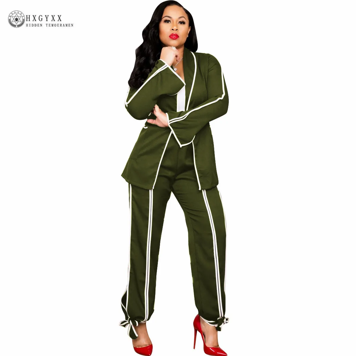 

2 Piece Women Suits Female Blazer Feminino Plus Size Solid Color Stripe Jacket Long Pantsuit Office Uniform Work Clothes B245