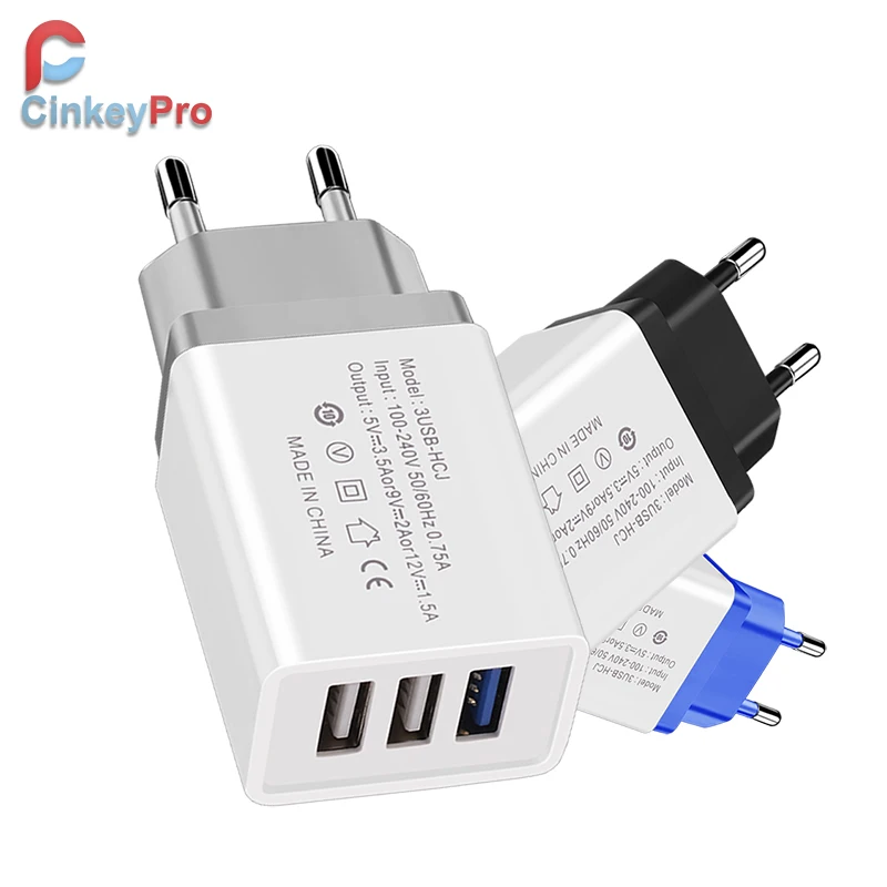 

CinkeyPro 3-Ports USB Charger for Apple iPhone iPad Samsung 5V/2A Wall Fast Charging Mobile Phone Tablet Universal Charge