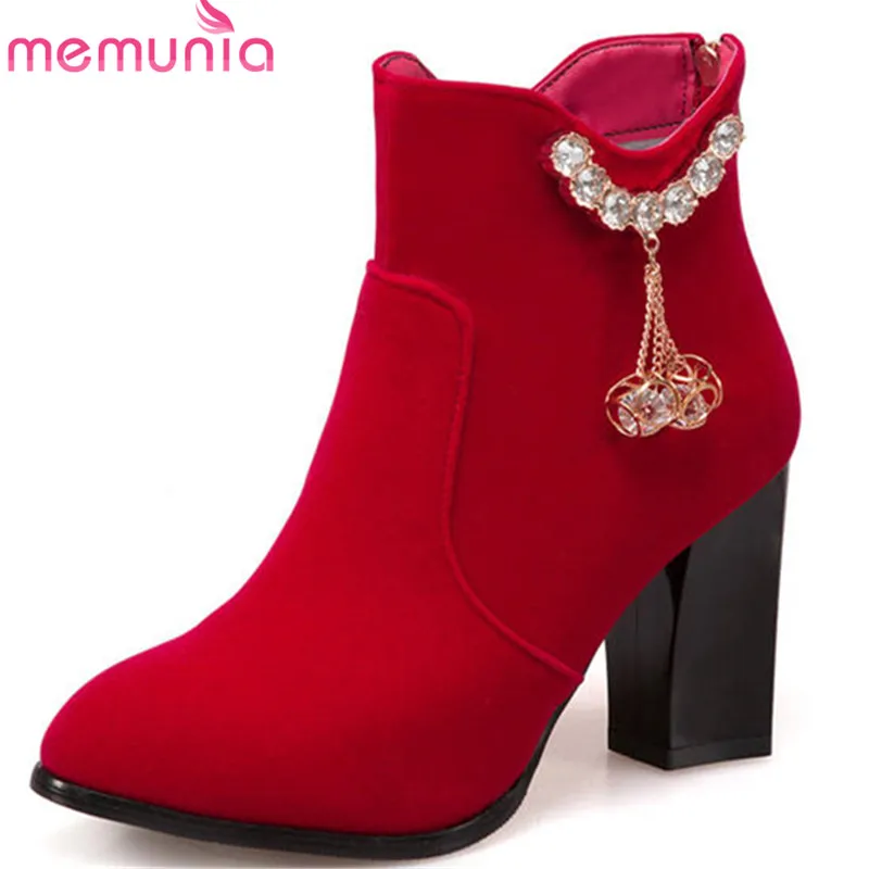 

MEMUNIA 2018 new fashion shoes woman pointed toe short plush ankle boots for women zipper Rhinestone wedding high heels boots