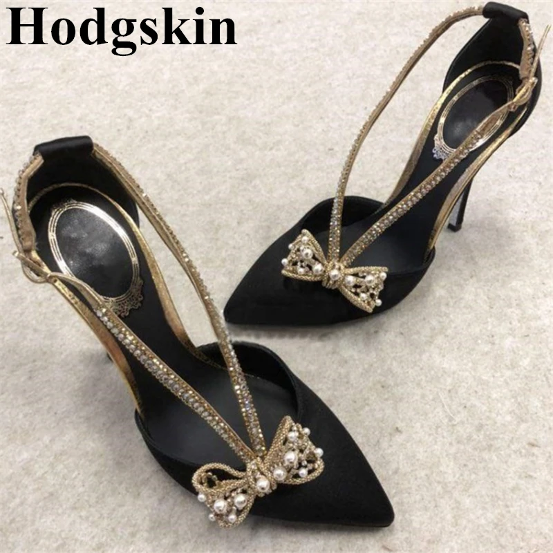 

Luxury Pearl Crystal Bowtie Shoes Woman Wedding Dress Pumps Pointed Toe Stiletto Shallow Sandalias Mujer Bling Ladies Shoes
