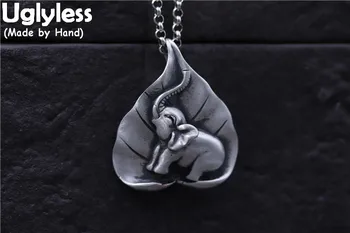 

Uglyless Real S990 Silver Fine Jewelry Unisex Handmade Carved Elephant Pendants Necklaces without Chains Heart-shape Leaf Bijoux