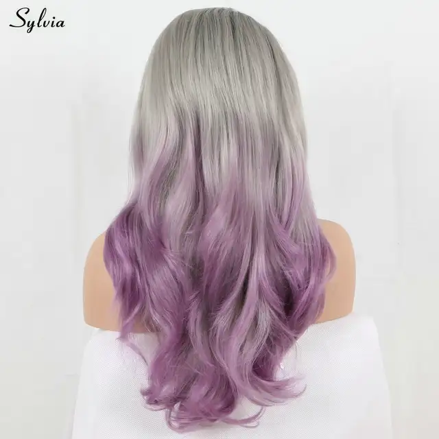 Sylvia Natural Hairline Black Roots Ombre Silver Gray Purple Three