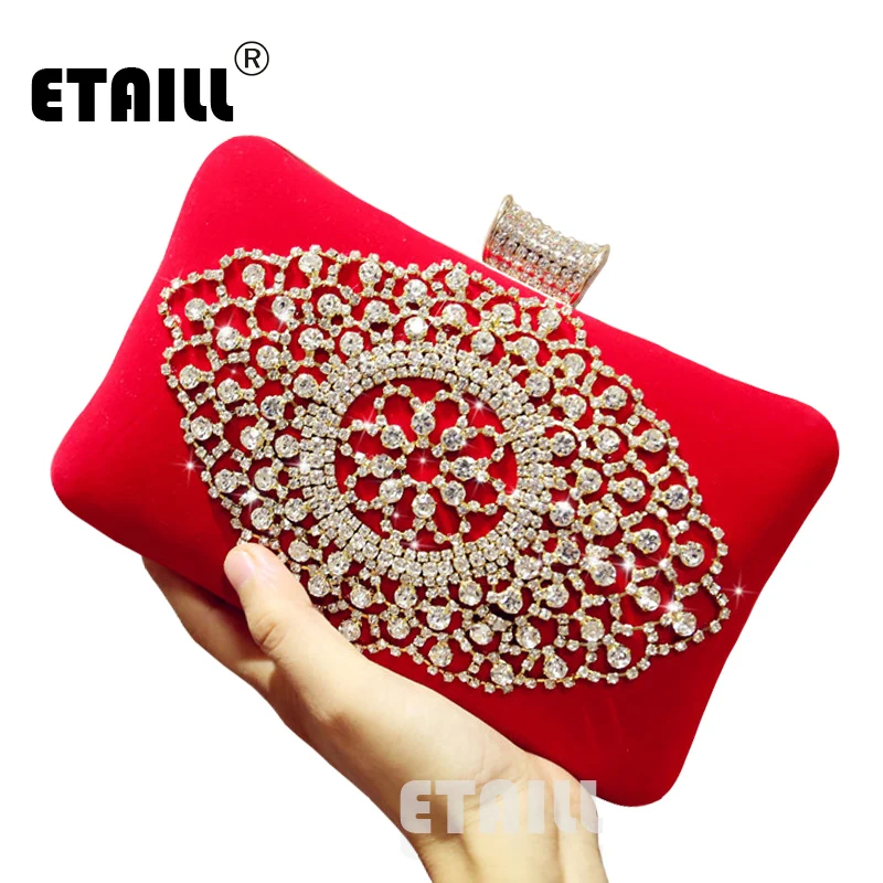 

ETAILL Red Luxury Brand Women Diamond Evening Bag Velvet Rhinestones Day Clutch for Wedding Bridal Party Wallet with Chains
