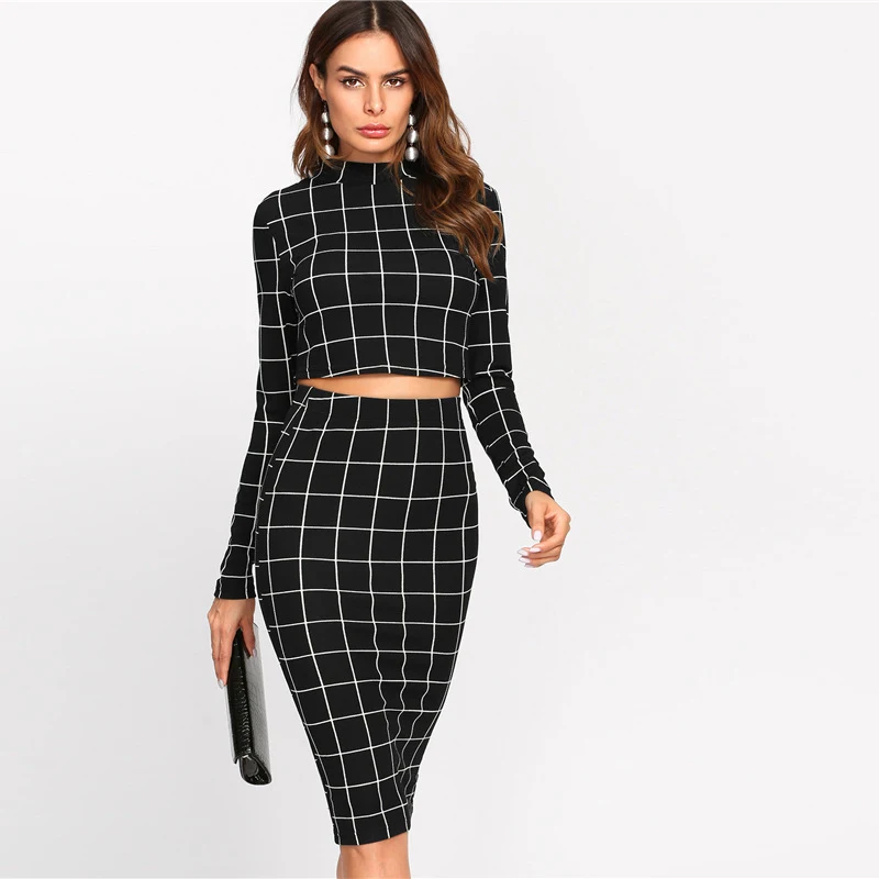 Zebery Stand Collar Long Sleeve 2 Piece Set Women Crop Grid Top & Pencil Skirt Co-Ord Ladies Elegant OL Style Twopiece