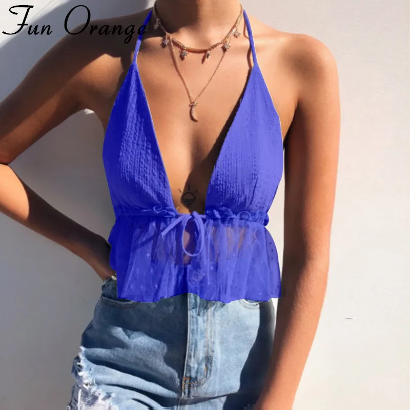 

Fun Orange Women Sexy Camis Top Deep V-Neck Strapless Top Backless Vest Top V-neck Halter Female Backless Mesh Shirts